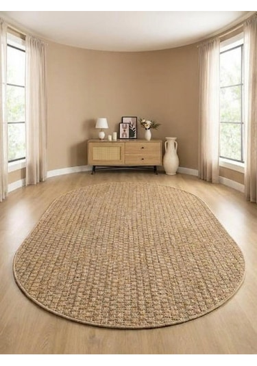 Sisal Jut Hasır OVAL Model Tek Renk Dokuma Yıkanabilir Toz Vermez Halı Krem Bej