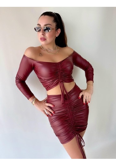 Munn Collection Kadın Büzgülü Deri Etek Takım Fırsat Ürün Bordo