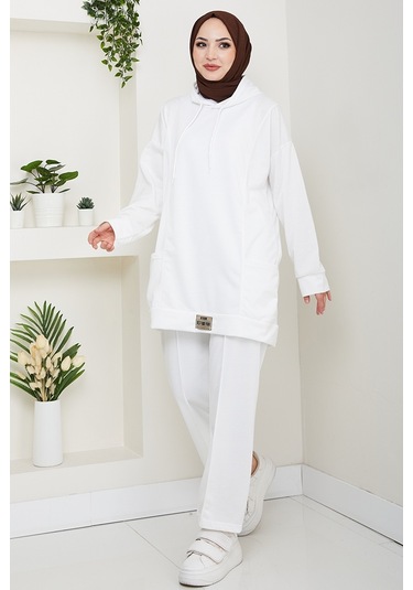 Çift Cepli Kapüşonlu İkili Takım 1663 - Beyaz Beyaz