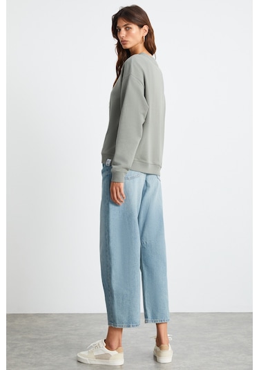 Grimelange Maıja Kadın Bisiklet Yaka İçi Polarlı Oversize Fit Basic Açık Haki Sweatshirt Açık Haki