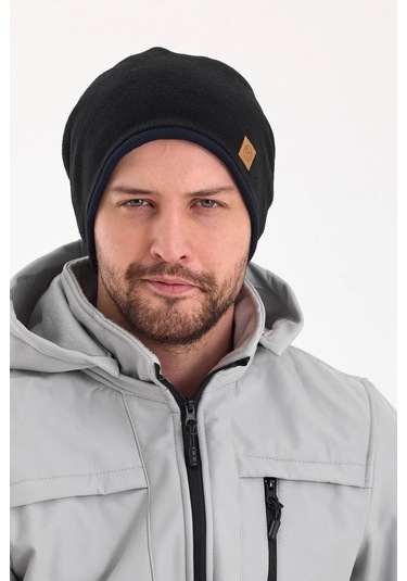 Erkek Siyah Polar Dış, Kahve Pamuklu Iç Kısım, Çift Renk Çift Katmanlı Katlanabilir Yumuşak Bere - Standart / Siyah-lacivert Siyah-lacivert