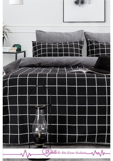 Battal Boy Lüks Pamuklu Nevresim Seti Siyah Kare Desen Çok Renkli