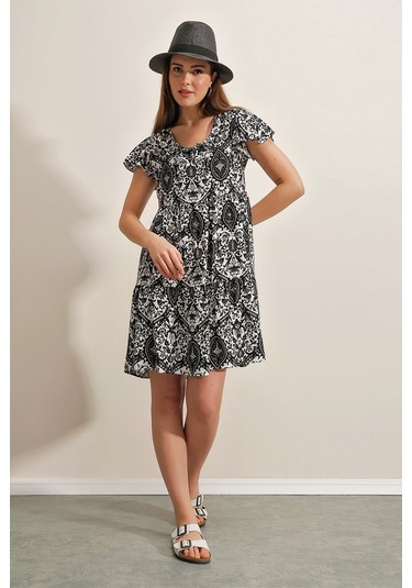 Gabria Yaka Bağlamalı Desenli Elbise Siyah