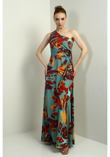 Kadın Tek Omuz Yandan Pencereli Desenli Uzun Krep Saten Elbise-40751 Mint