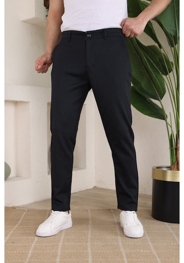 Erkek Casual Slim Fit Cord Desenli Kumaş Pantolon Siyah