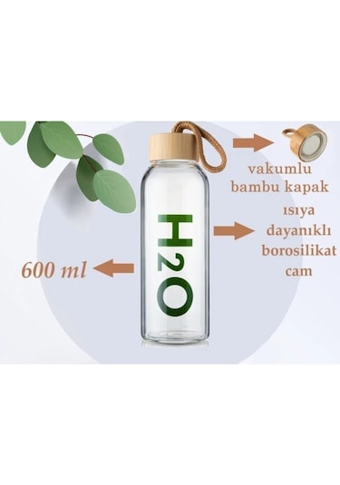 İronika H2o Borosilikat Cam Matara Bambu Vakum Kapaklı Su Şişesi Suluk 600 Ml Açık Kahverengi