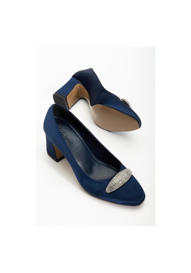 Kadın Siletto Topuklu Ayakkabı Lacivert Saten Taşlı Kalın Topuklu-4170 Lacivert