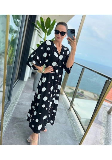 Kadın Puantiyeli Kruvaze Uzun Elbise Desenli