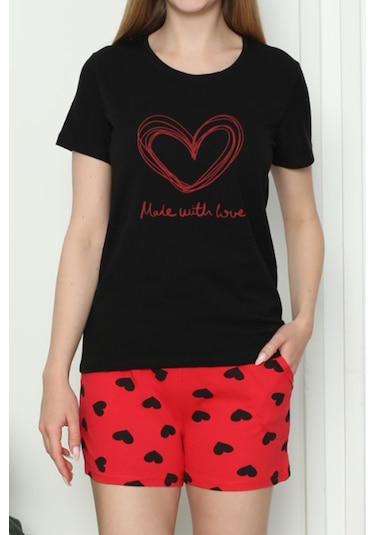 Nicoletta Nic1047 R19 Kalp Desenli Pamuklu Kısa Kol Şortlu Kadın Pijama Takımı Siyah