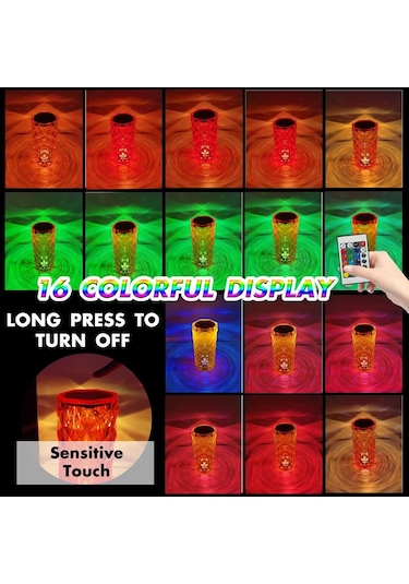 Xinxin 16 Renkli Romantik Gül Işık Kristal Elmas Masa Gece Lambası Beyaz Beyaz