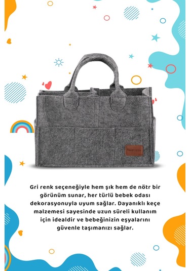 Çok Amaçlı Kalın Keçe Anne Bebek Bakım Çantası Pratik Düzenleyici Organizeri Gri