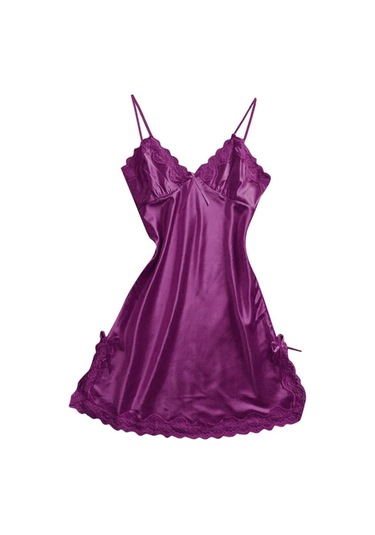 Homyl Bayan Sexy Lingerie Pijama Saten Ilmek Dantel Babydoll Cami Mor