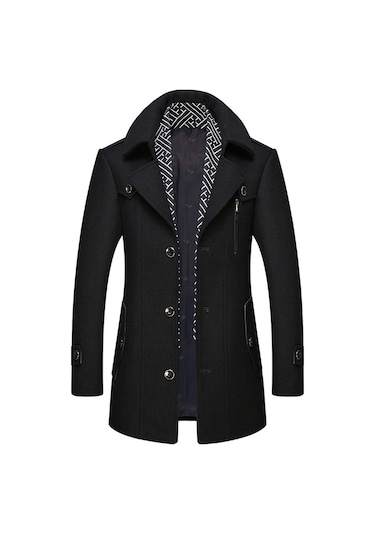 Erkek Yünlü Ceket Sonbahar Ve Kış Erkek Eşarp Yaka Mont Kaban Siyah