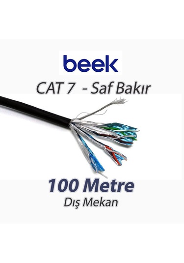 Beek Cat7 Saf Bakır S/ftp Awg23 Spe Dış Mekan Data Kablosu, Siyah Renk 100 Mt