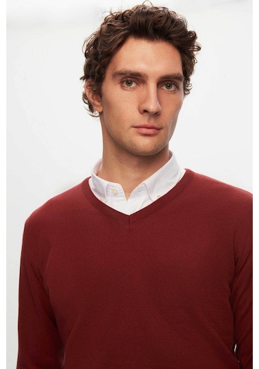 D's Damat Ds Damat Regular Fit Kiremit Düz V Yaka Triko Kazak 5HF06ORT12003 Kiremit