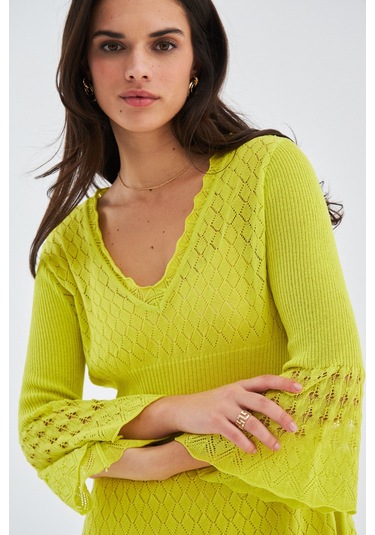 Peraluna YOHO DRESS Ajurlu V Yaka Diz Hizası Yazlık Kadın Triko