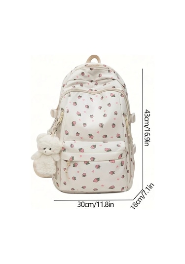 Oldfriend Orchid Askı Aksesuarlı Çilek Baskılı Kalp Kesmeli Sırt Çantası Geniş Kapasiteli Orkide + Asılı Süs - 2 Parça