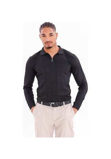 Monox Erkek Yarım Fermuarlı Polo Yaka Triko Kazak Siyah