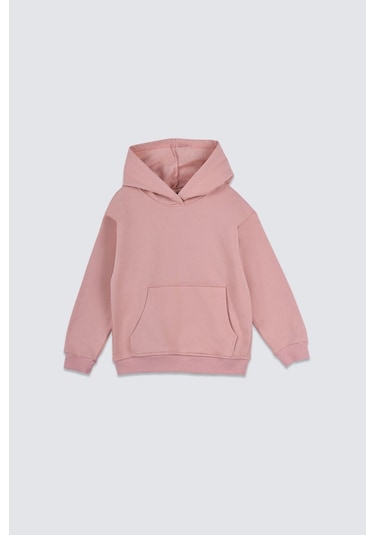 Zuzunga Basic Kapüşonlu Şardonlu Kanguru Cep Detaylı Çocuk Sweatshirt 3-10 Yaş Pudra