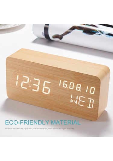 Dofolink Mdf Ahşap Dokulu Led Dijital Alarm Saat, Ses Kontrollü, 3 Aydınlatma Seviyesi, Çift Güç Kaynağı Usb/aaa , Saat-tarih-gün-sıcaklık Gösterimi