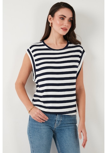 Lela Çizgili Oversize Fit Bisiklet Yaka Bayan T Shirt 5866103 Lacivert
