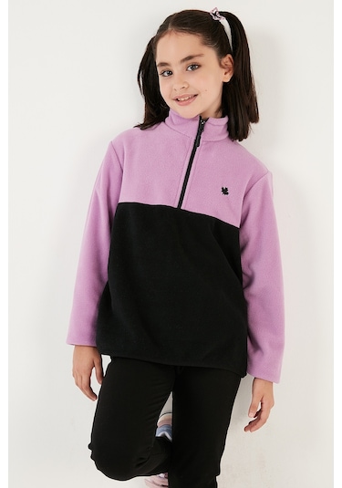 Lela Yumuşak Dokulu Yarım Fermuarlı Renk Bloklu Dik Yaka Unisex Çocuk Polar 5905004 Lila-Siyah