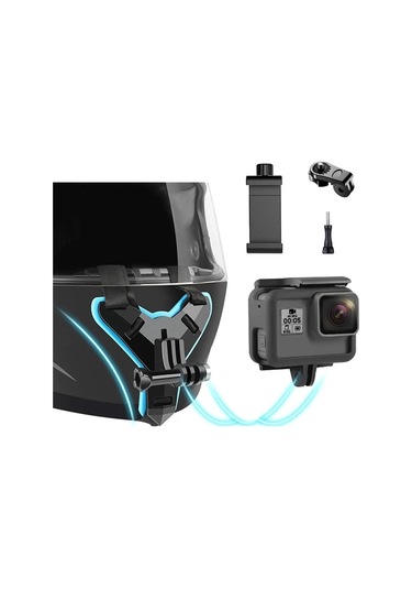 Prepare Kask Alt Çene Bağlantı Aparatı Ve Kayışı Aksiyon Kamera Ve Telefon Tutucu Set Mavi - Siyah
