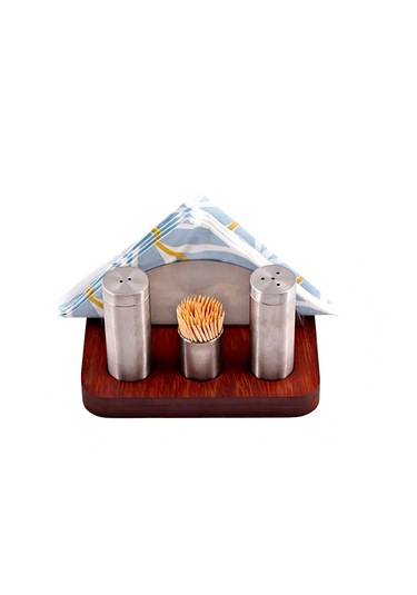 Tuzluk Karabiberlikli Peçetelikli Set 304 Kalite Ahşap Ireco Çelik