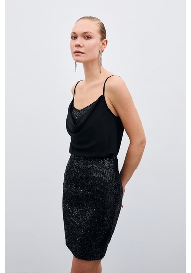 Sateen Degaje Yaka Bluz - Siyah-132140