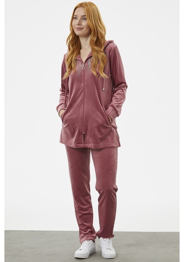 Tam Fermuarlı Kadife Taşlı Eşofman Takım - Gül Kurusu 001