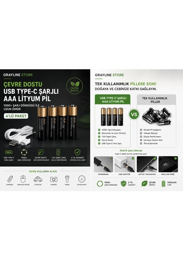 Usb Type-c Şarjlı Aaa İnce Kalem Pil 4 Lü Paket 1.5v Lityum