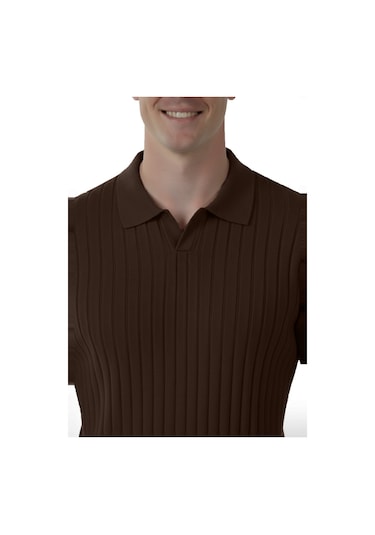 Deepsea Erkek Kahve Polo Yaka Fitilli Triko Kazak %100 Pamuk, Esnek Dokulu, Modern Kalıp 2605305 Kahve