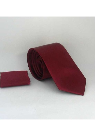 Bordo Klasik Düz Renk Mendilli Saten Kravat - KS-09 Bordo