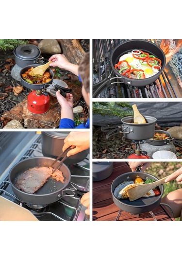 Tcherchi 9 Parça Kamp Tencere Seti Kamp Pişirme Tencere Ve Tava Seti, Açık Hava Pişirme Seti Gri