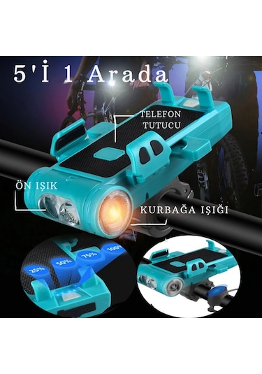 Techtic 5in1 Bisiklet Feneri Şarjlı Telefon Tutucu+korna +sis Far Yeşil