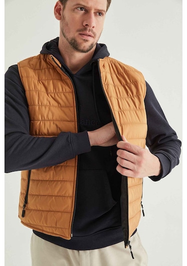 Ds Damat Regular Fit Safran Dik Yaka Elyaf Dolgulu Mevsimlik Fermuarlı Yelek Mont 7HF07ORT42611