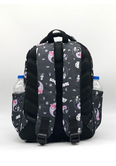 Sevimli Karakter Desenli Beslenmeli İlkokul Çanta Seti Siyah