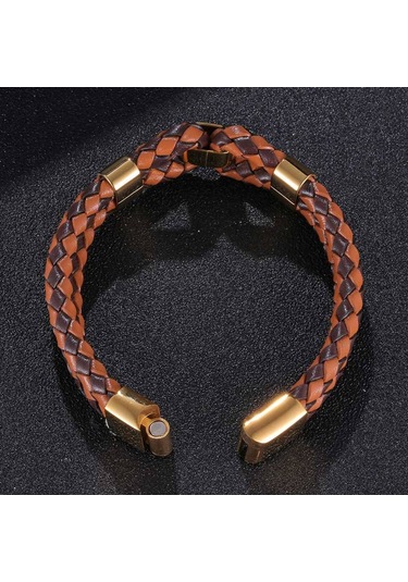 Örme Deri İp Erkek Takı Moda Paslanmaz Çelik Erkek Deri Bileklik Çift Katmanlı Tasarım Çok Renkli Kombinasyon Takı Turuncu