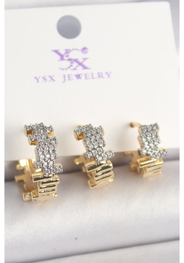 Pirinç Gold Renk Zirkon Taşlı Dorika Model 3'lü Kadın Kombin Küpe Çok Renkli