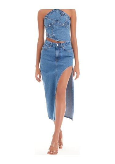 Pass&Pass 2094 Kadın Likrasız Yandan Yırtmaçlı Jeans Kot Denim Etek Mavi