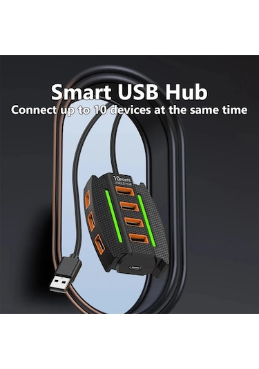 Xuweiwei 1 Adet Siyah Yüksek Hızlı 10 Portlu Usb 2 0 Hub Rgb Işıklı Çoklu Cihaz Ayrıcı Veri Aktarım Tak Çalıştır 36v Bilgisayar Aksesuarı