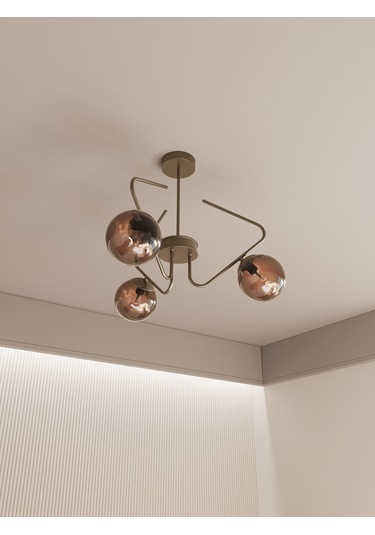 Lunor Eskitme Metal Bal Rengi Cam Küre Başlıklı Modern 3'lü Avize