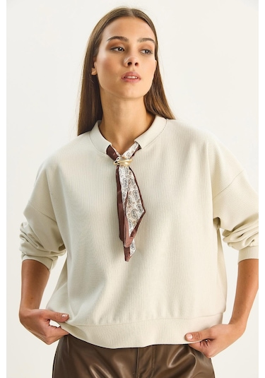 Shade Kadın Fular Detaylı Pamuklu Ottoman Sweatshirt 6931 60283689 - Bej