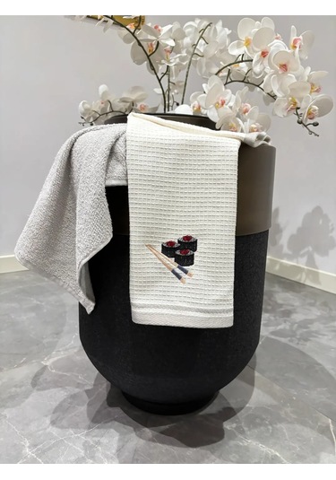 2 Li Mutfak Havlusu Seti - Açık Gri & Sushi Figürlü Kurulama Bezi - %100 Pamuk & 40x60 Cm Açık Gri