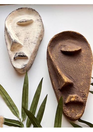 Özel Tasarım El Yapımı Heykel Soyut Yarım Yüz Maske 2'li Set, Duvar Dekor, Modern Ev Ve Ofis Dekoru