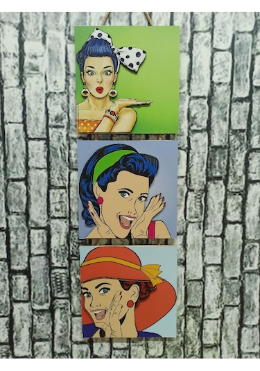Retro Time Pretty Woman Kabartmalı Baskılı 3'lü Tablo Vintage 1