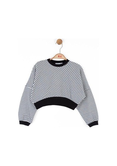 Kız Çocuk Pamuklu Çizgili Crop Sweatshirt-14715 Siyahbeyaz