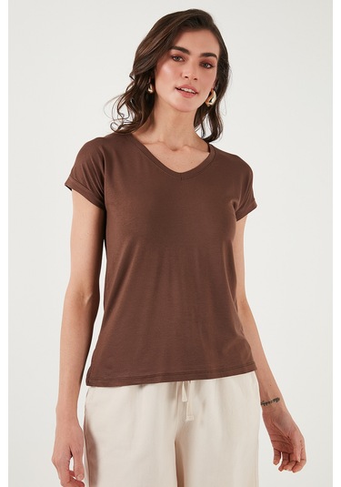 Lela V Yaka Rahat Kesim Yırtmaçlı Bayan Bluz 5862000 Kahve