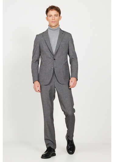 AC&Co / Altınyıldız Classics Erkek Siyah-füme Slim Fit Dar Kesim Mono Yaka Seyahat Çantalı Desenli Takım Elbise Siyah - Füme