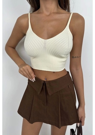 V Yaka Crop Bluz Ekru